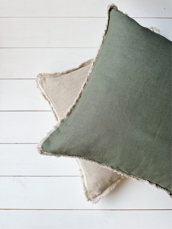 Set of 2 Washed linen throw pillow cases with natural linen fringe in various colors/cushion cover with fringed edge/