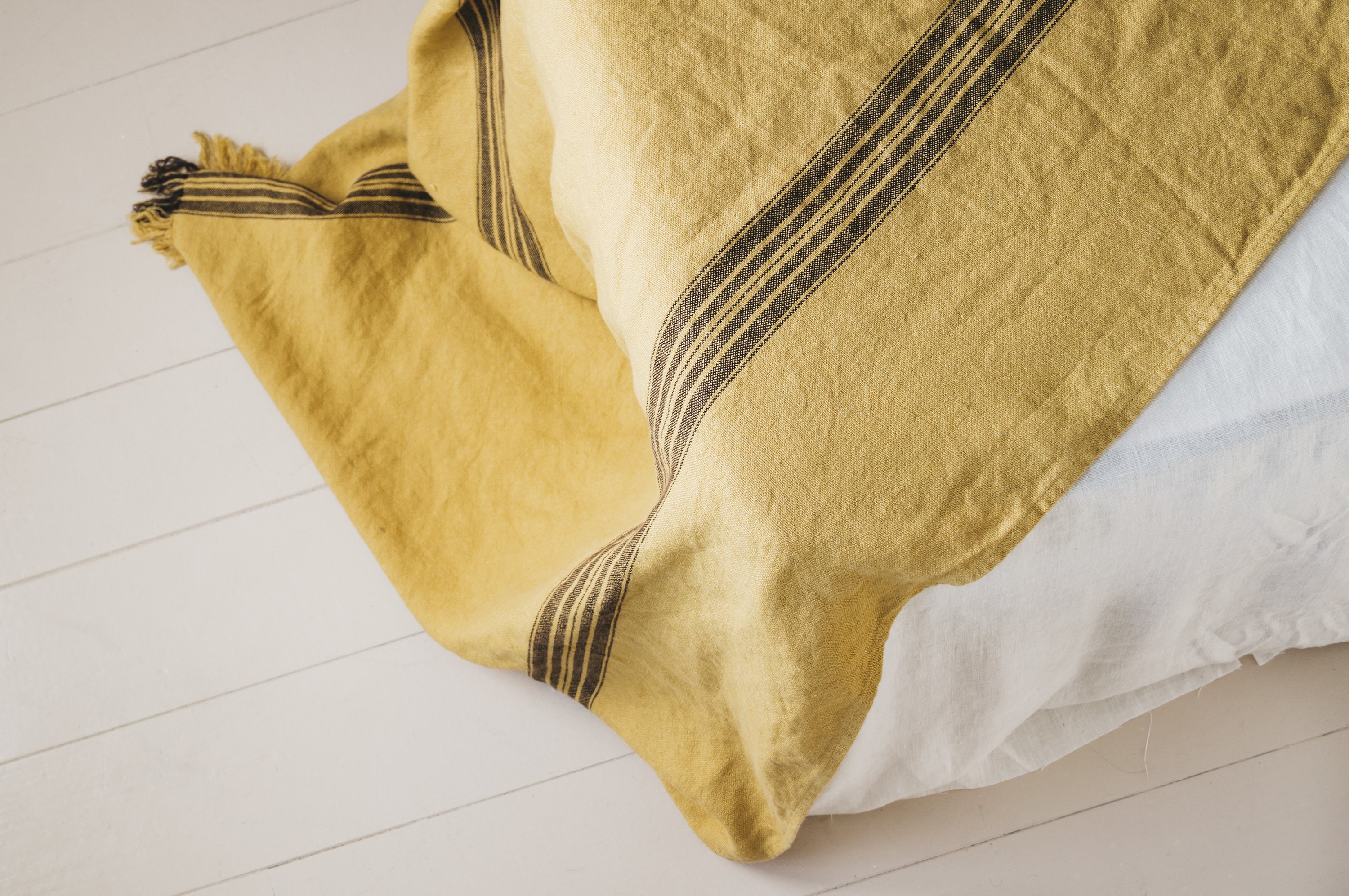 Rustic Linen Bed Throw in Dusty Yellow and Brown Stripes/grain Etsy