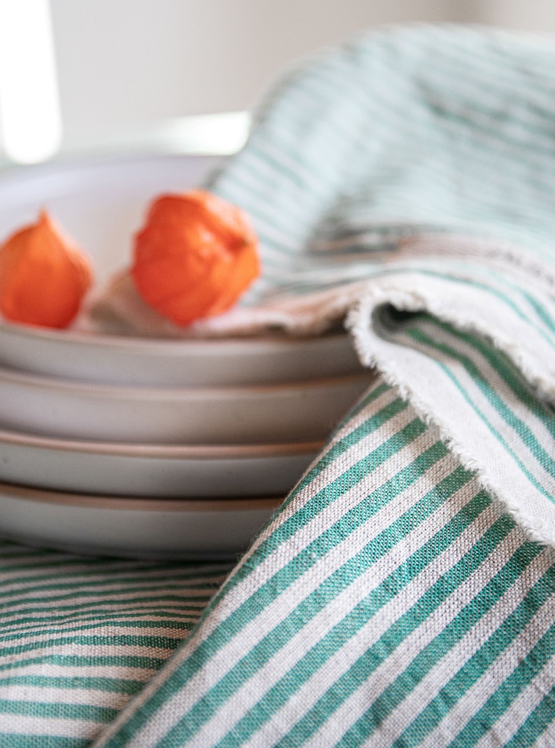 Striped Linen Tablecloth in different colors/raw edge striped softened linen tablecloths/Dinner Tablecloth/Free shipping image 6