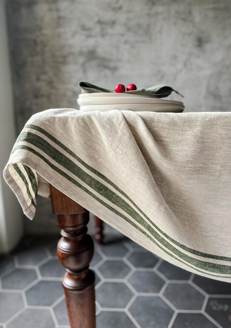 Rustic natural linen tablecloth in blue, black, green and red stripes/grain sack linen tablecloth/linen farm style tablecloth/free shipping image 4