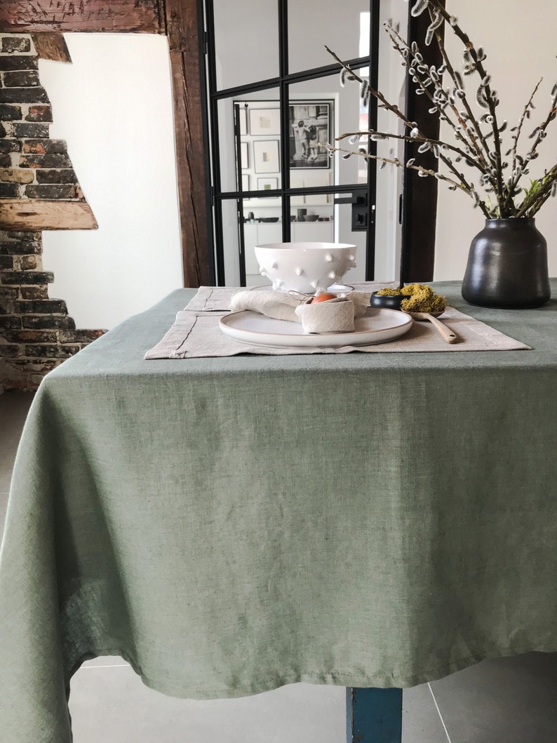 Stonewashed linen tablecloth in forest green/dark green softened linen tablecloth/Dinner Tablecloth in dusty green/free shipping image 1