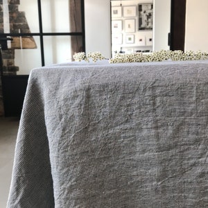 Stonewashed linen tablecloth in faded blue stripes/softened linen tablecloth/Crumples linen Dinner Tablecloth striped in blue /free shipping