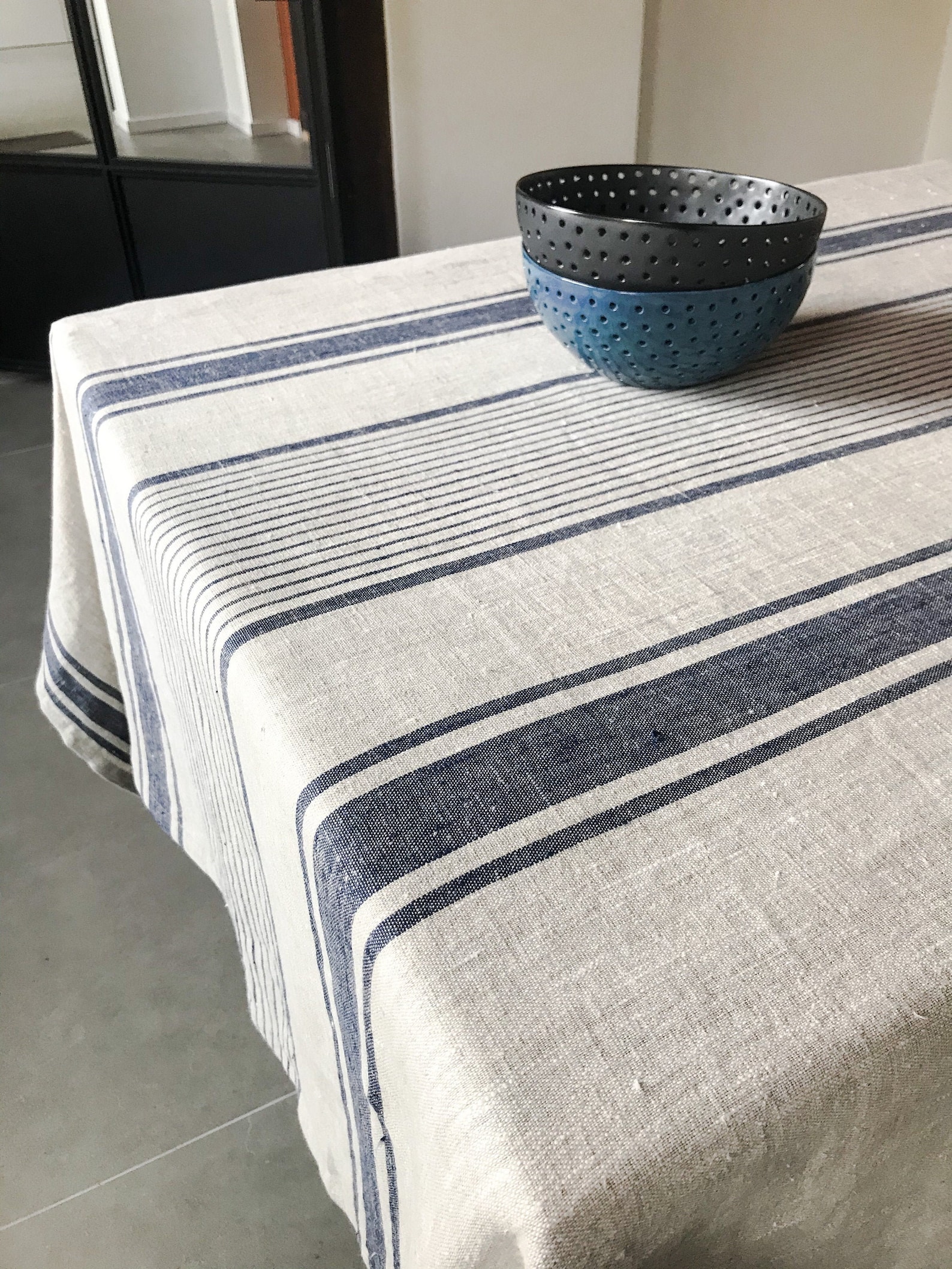 Rustic natural linen tablecloth in blue,black, green and red stripes/grain sack linen tablecloth/farm tablecloth/EXPRESS SHIPPING - 57"x83" 145x210 cm, Dark red stripes