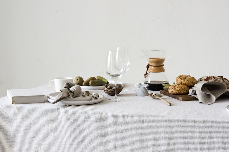 Washed Linen Tablecloth in beige white thin stripes/striped softened linen tablecloths/Dinner Tablecloth/Free shipping image 2