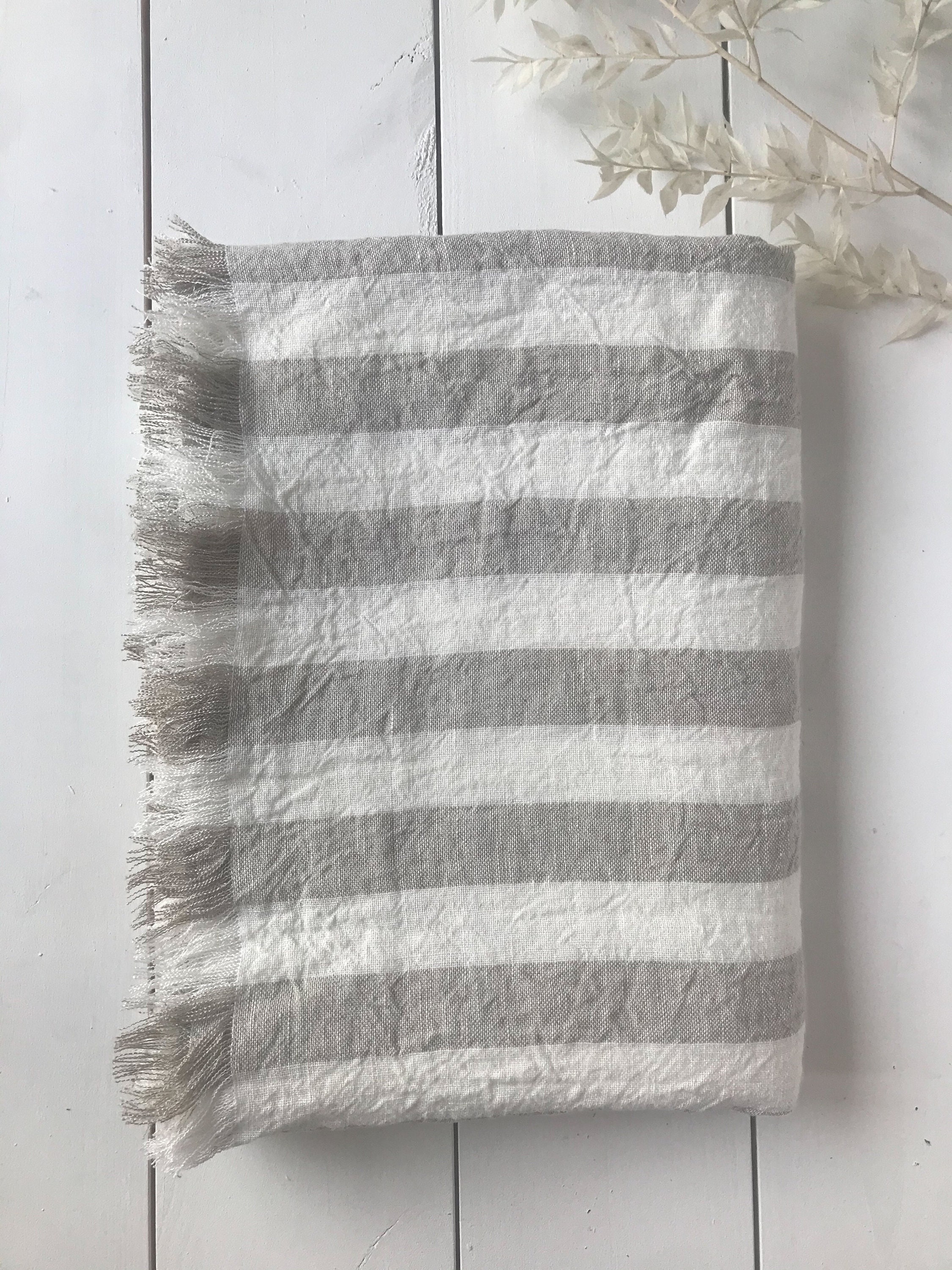 Stonewashed linen - pure 100% linen flax luxury beach bath towel light blue  with white stripes pre-washed laundered European linen lint free fast dry  linen throw beach blanket picnic blanket bath sheet