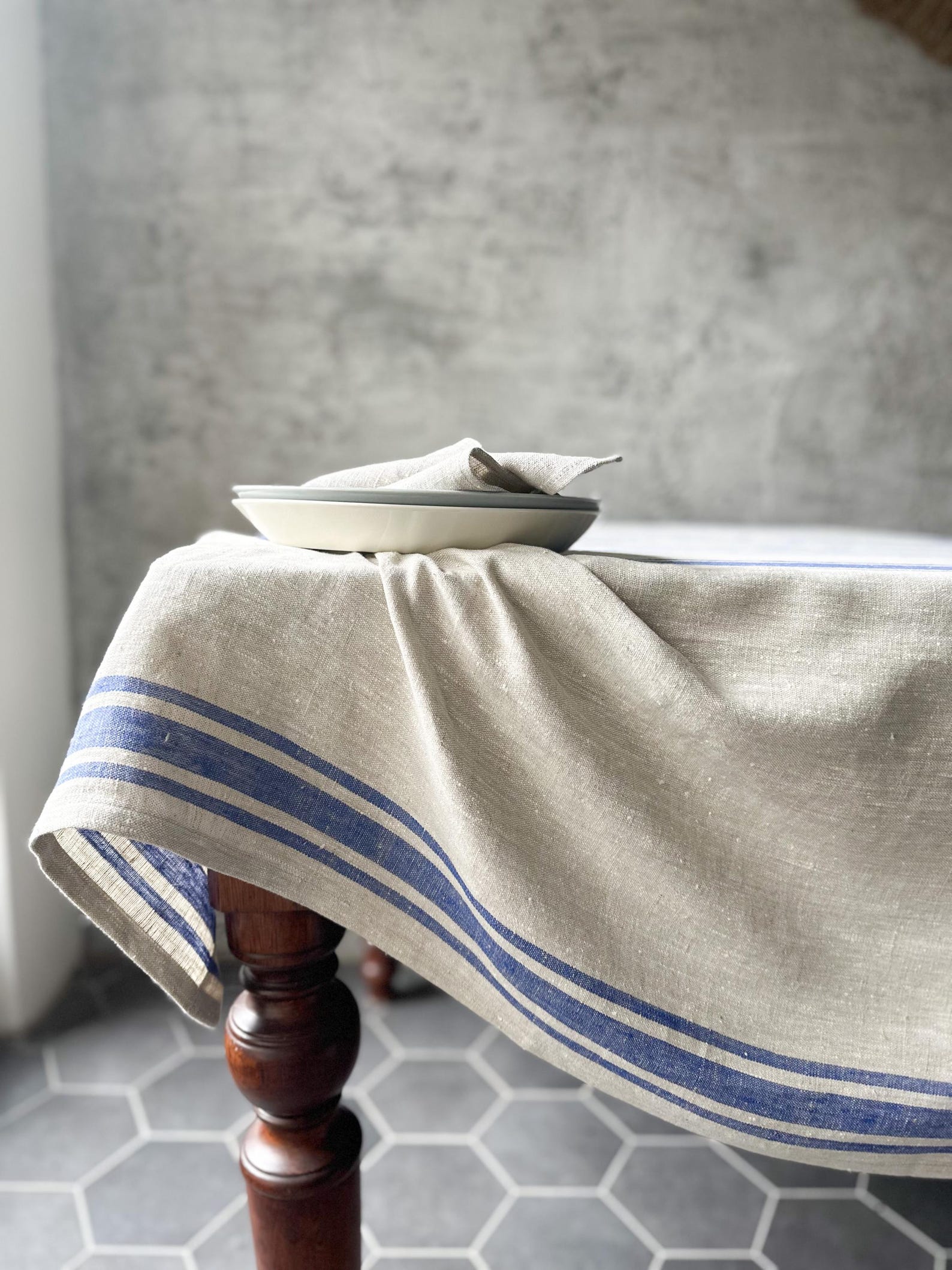 Rustic natural linen tablecloth - 57"x119" 145x300 cm, Light blue stripes