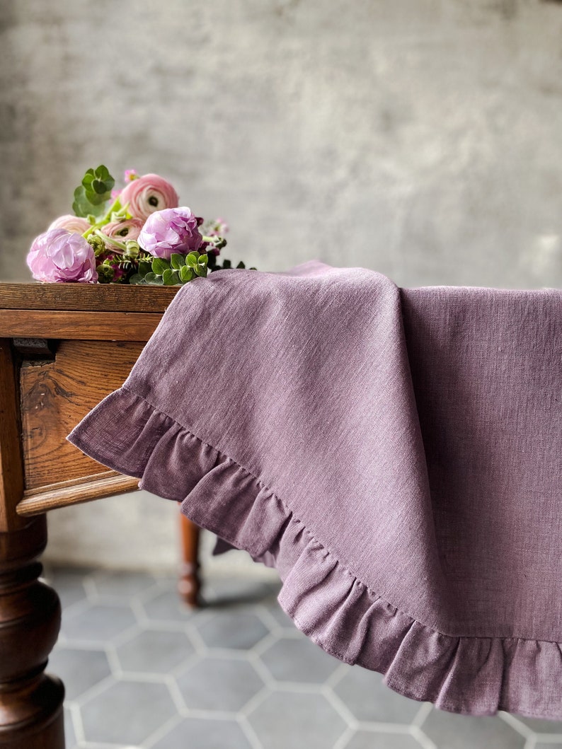 Soft washed linen table runner with ruffles in different colors/custom size linen table runner/linen table decor/free shipping image 1