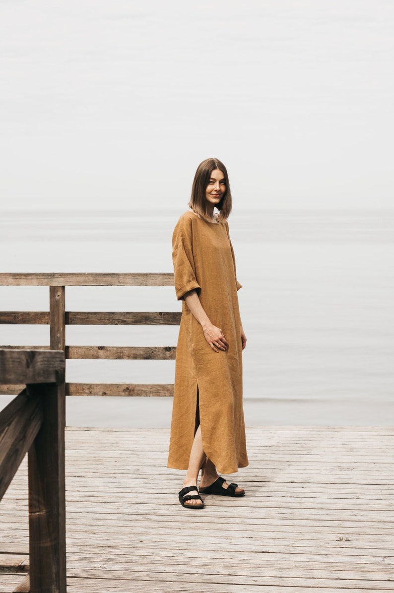 Loose linen dress DUNE in cinnamon/long linen dress/Maxi Linen dress/Long sleeve linen dress/oversized linen dress in cinnamon/free shipping image 1