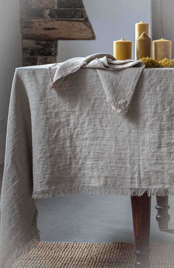 Raw Edge Washed Linen Tablecloth in Natural With Fringes/stylish Grain Sack  Linen Tablecloth/linen Farm Style Tablecloth/free Shipping 