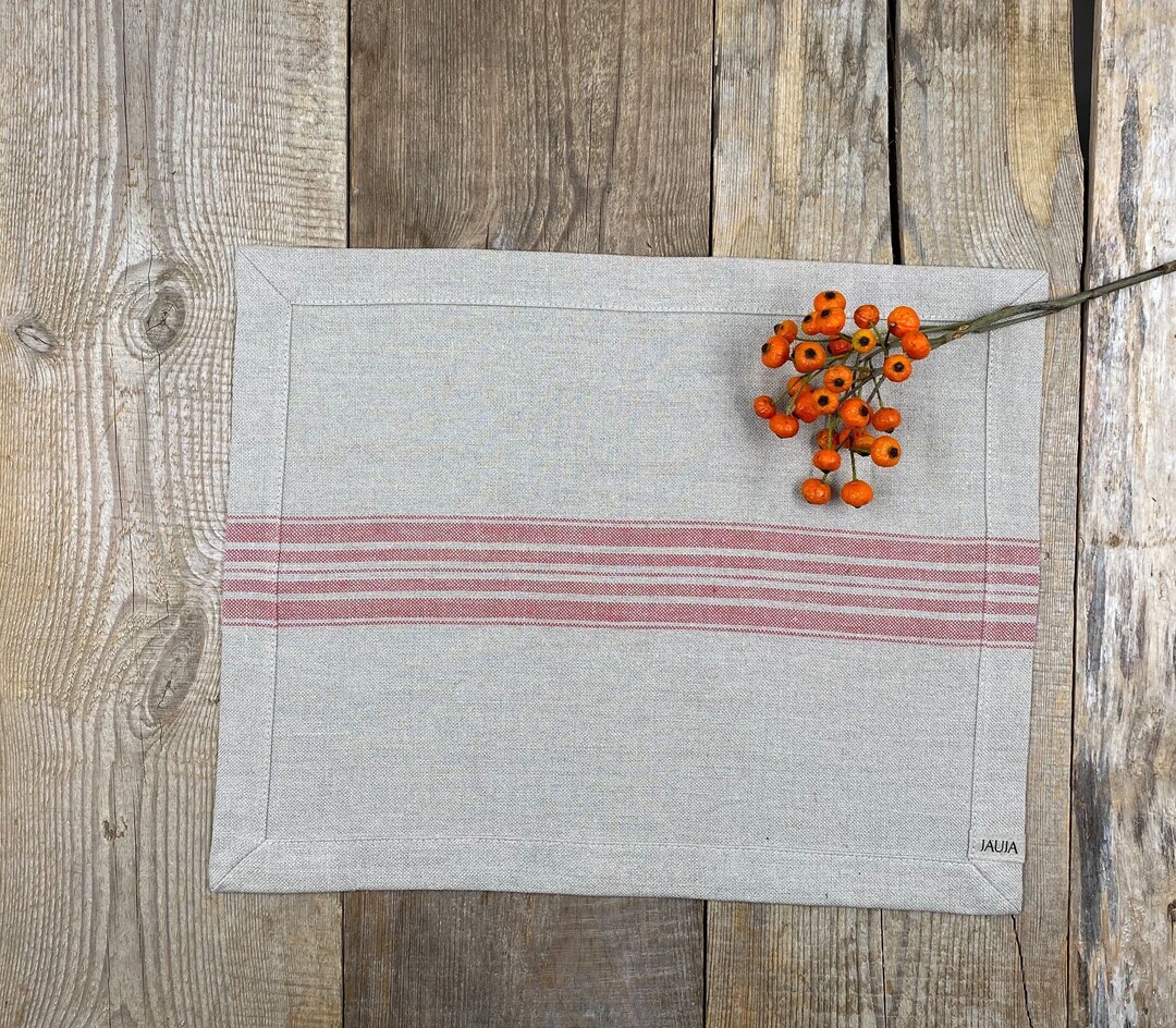 Set of 2,4,6,8,10 Rustic Linen Placemats With Red Stripe/heavyweight