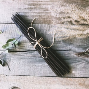 Set of 10 thin 100 % natural beeswax hand-dipping candles in stylish black/thin pencil candles/tall natural beeswax candles/ beeswax tapers