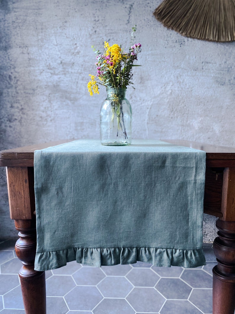 Soft washed linen table runner with ruffles in different colors/custom size linen table runner/linen table decor/free shipping image 8