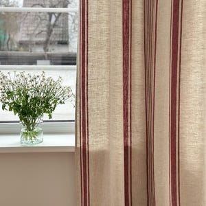 Juego de 2 cortinas francesas de lino natural grueso con rayas azules, negras, verdes, rojas y beige / Cortinas rústicas de estilo campestre