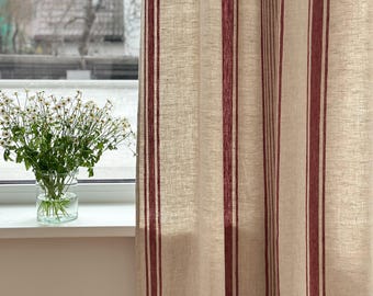 Set mit 2 französischen Streifen, schwere natürliche Leinenvorhänge in blauen, schwarzen, grünen, roten und beigen Streifen / Rustikale Bauernhausvorhänge