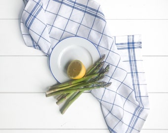 Set of 2 linen tea towels in blue grid, handmade dish towels, kitchen tea towels, linen hand towels/FREE SHIPPING
