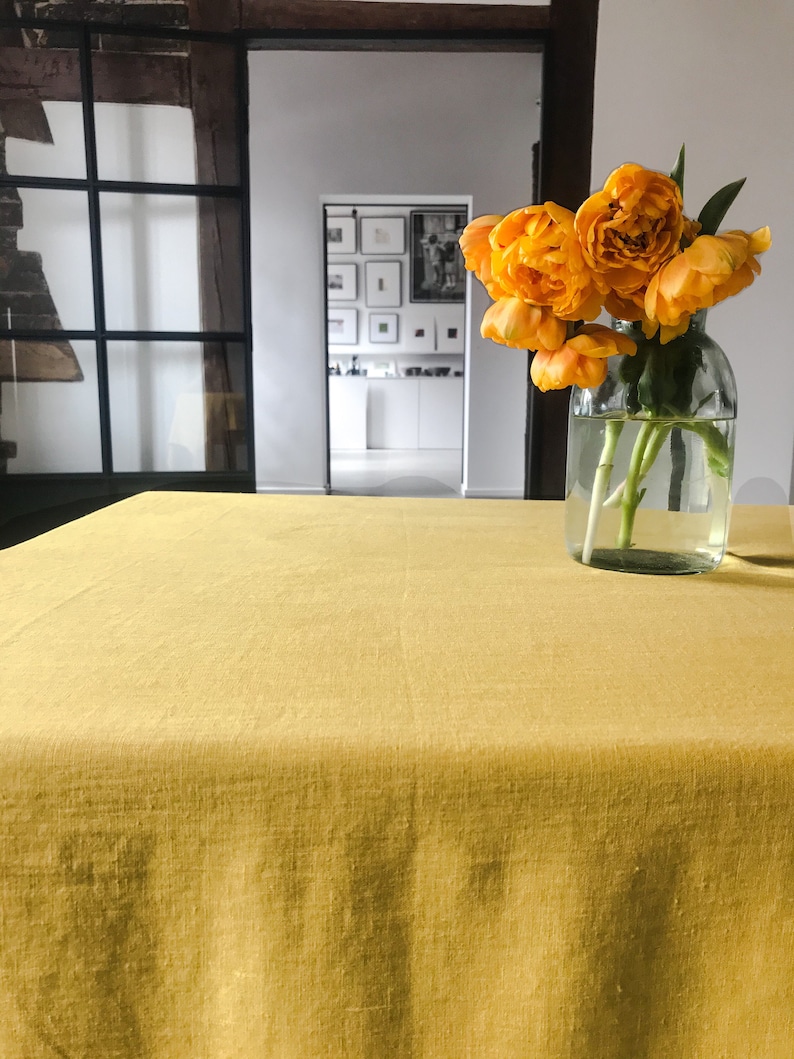 Stonewashed linen tablecloth in dusty yellow /softened linen tablecloth/Dinner Tablecloth in mustard yellow/free express shipping image 2