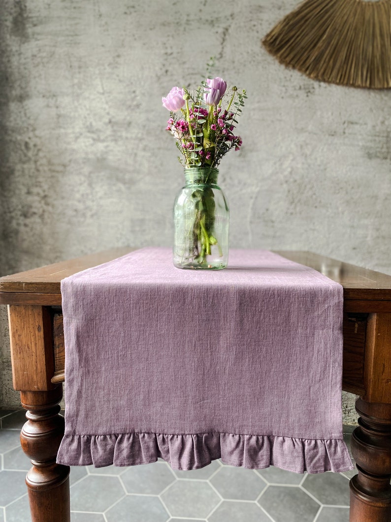 Soft washed linen table runner with ruffles in different colors/custom size linen table runner/linen table decor/free shipping image 2