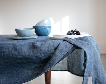 Stonewashed linen tablecloth in navy blue melange/Dark blue softened linen tablecloth/Dinner Tablecloth in linen denim/express shipping