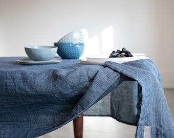 Stonewashed linen tablecloth in navy blue melange/Dark blue softened linen tablecloth/Dinner Tablecloth in linen denim/free shipping