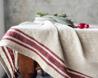 Rustic natural linen tablecloth in blue, black, green and red stripes/grain sack linen tablecloth/linen farm style tablecloth/free shipping