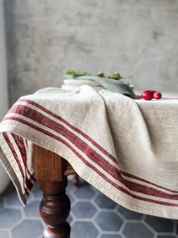 Rustic natural linen tablecloth in blue,black, green and red stripes/grain sack linen tablecloth/farm tablecloth/EXPRESS SHIPPING