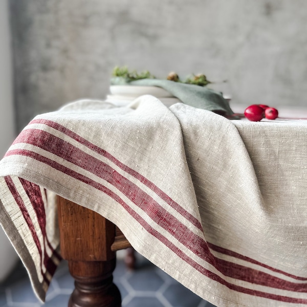 Rustic natural linen tablecloth in blue,black, green and red stripes/grain sack linen tablecloth/farm tablecloth/EXPRESS SHIPPING