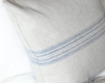 Rustic linen pillow case with blue stripe/Linen throw pillow cover/striped decorative pillow cover/grain sack pillow sham/free shipping