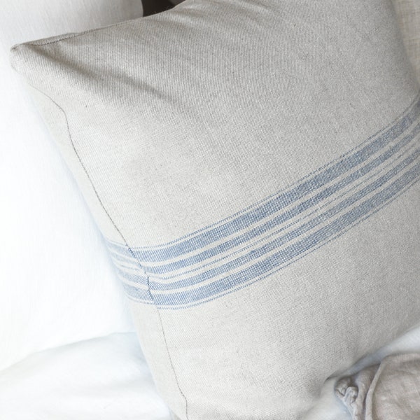 Rustic linen pillow case with blue stripe/Linen throw pillow cover/striped decorative pillow cover/grain sack pillow sham/free shipping