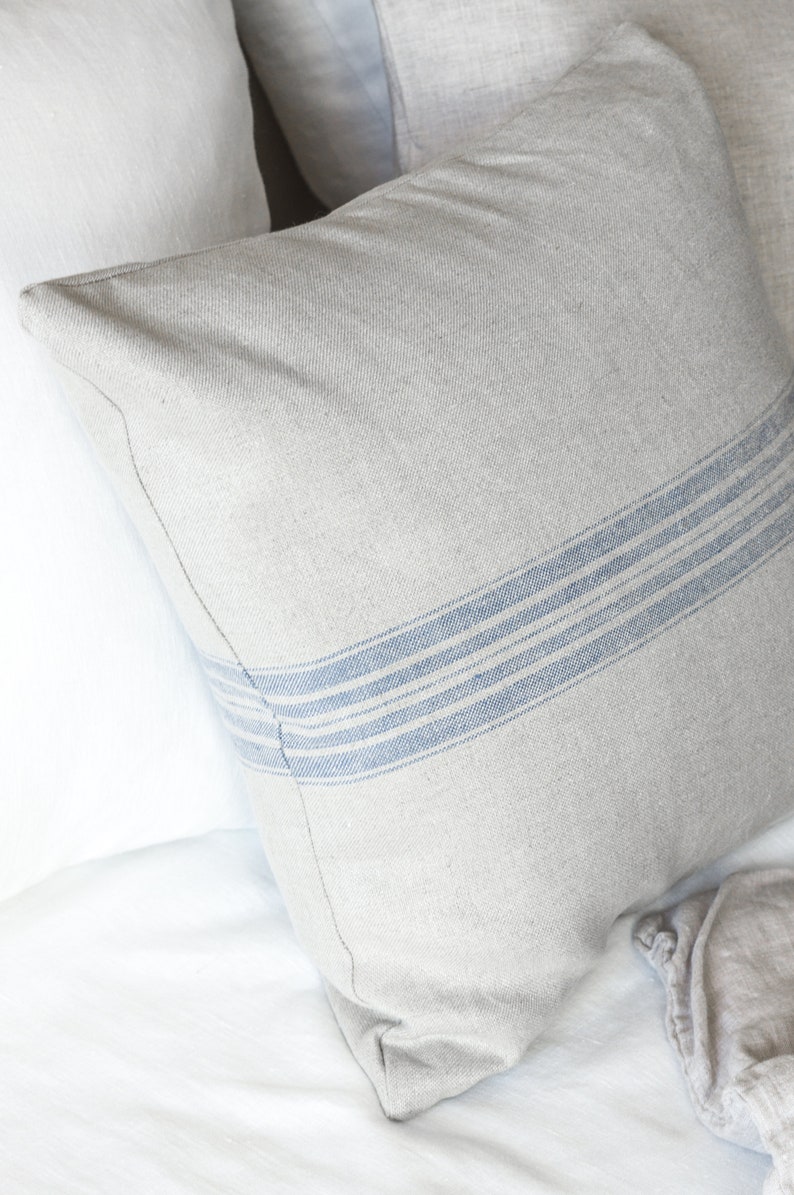 Rustic linen pillow case with blue stripe/Linen throw pillow cover/striped decorative pillow cover/grain sack pillow sham/free shipping image 1