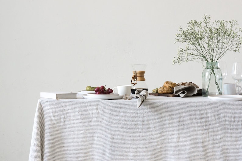 Washed Linen Tablecloth in beige white thin stripes/striped softened linen tablecloths/Dinner Tablecloth/Free shipping image 6