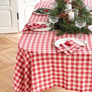 Checkered linen tablecloth in red/Grid check farmhouse dinner tablecloth/classic ginham table linen/express shipping