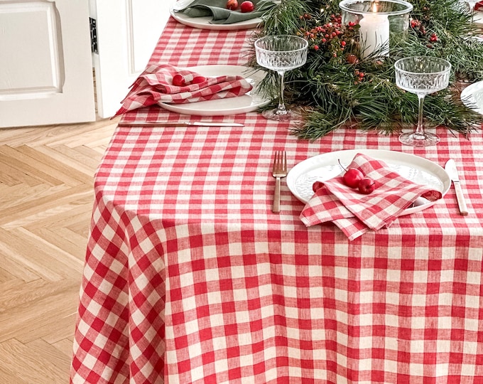 Checkered linen tablecloth in light red and natural/Grid check festive dinner tablecloth/EXPRESS SHIPPING