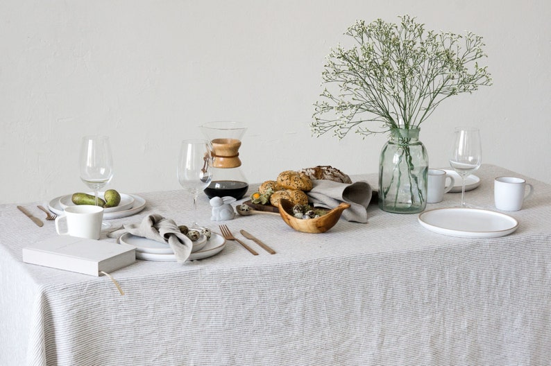 Washed Linen Tablecloth in beige white thin stripes/striped softened linen tablecloths/Dinner Tablecloth/Free shipping image 8