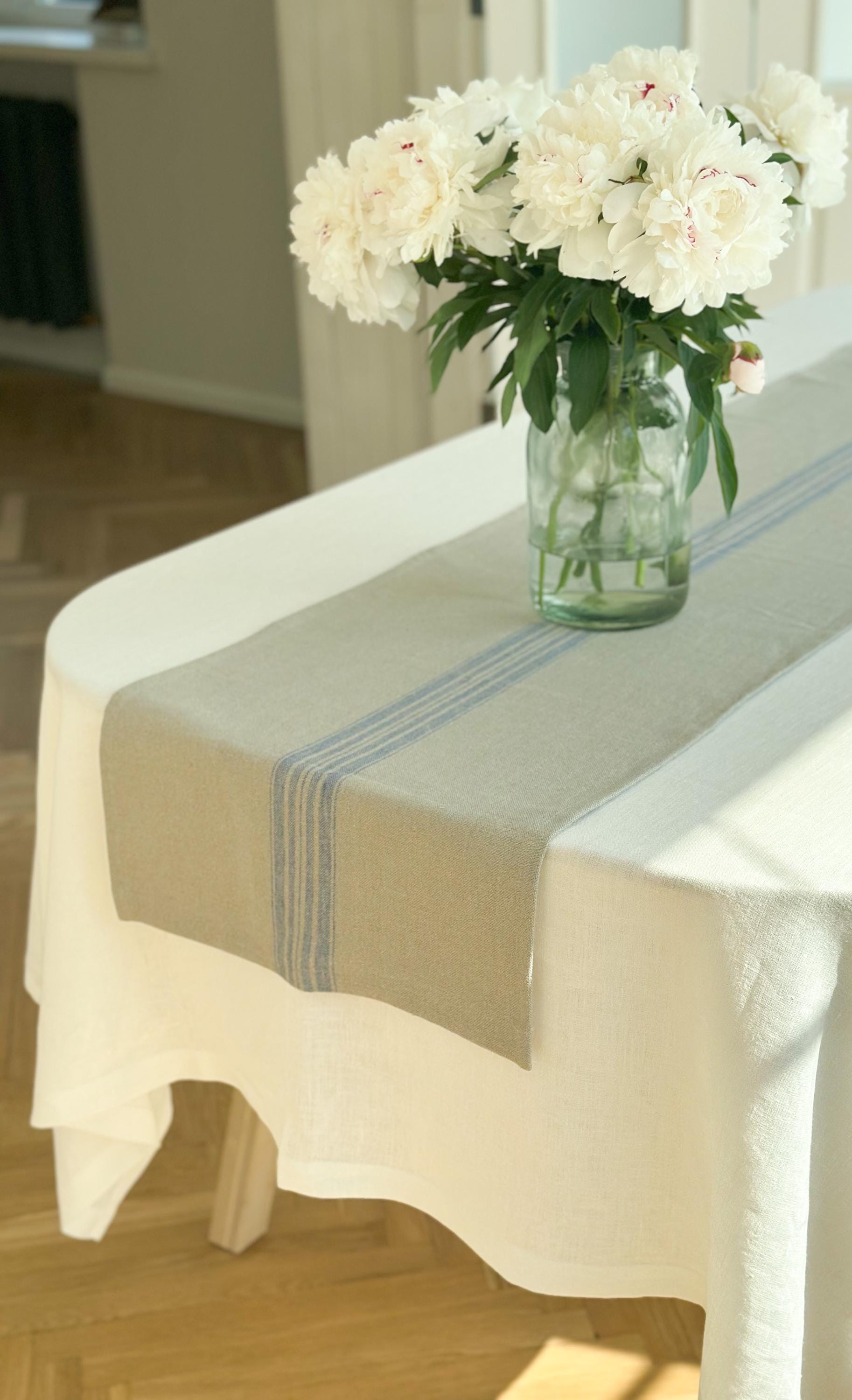 Heavyweight Linen Table Runner in Rustic Black, Blue and Red Stripes ...