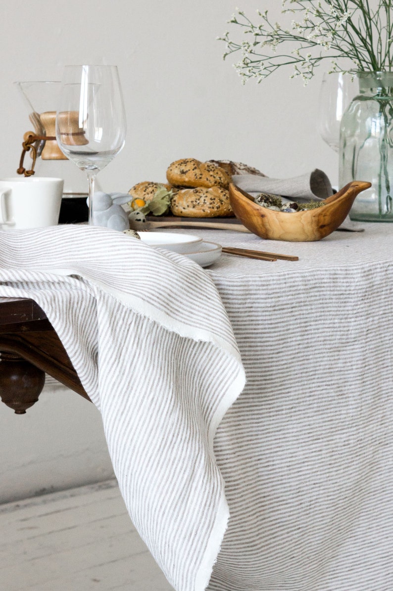 Washed Linen Tablecloth in beige white thin stripes/striped softened linen tablecloths/Dinner Tablecloth/Free shipping image 3