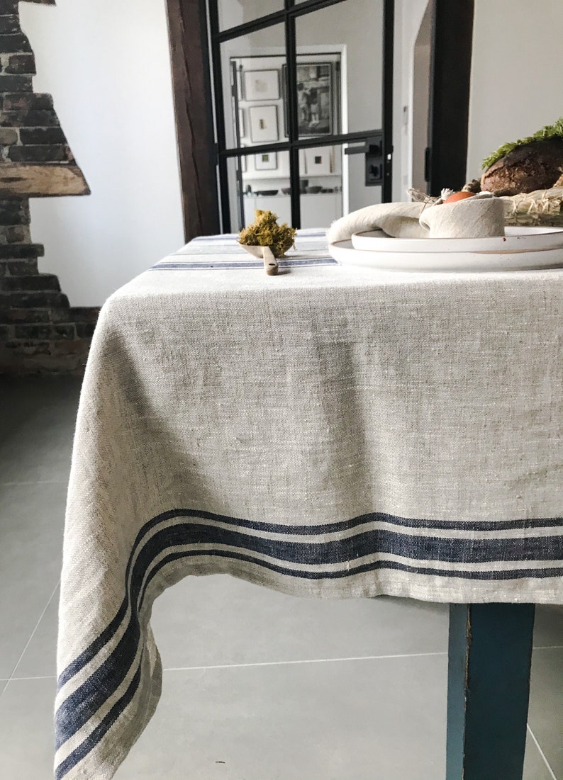 Rustic Natural Linen Tablecloth in Dark Blue Stripes/stylish Etsy
