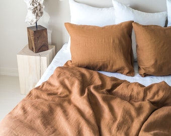 Stonewashed linen duvet cover in stylish cinnamon/washed linen bedding/linen duvet custom size in brown cinnamon