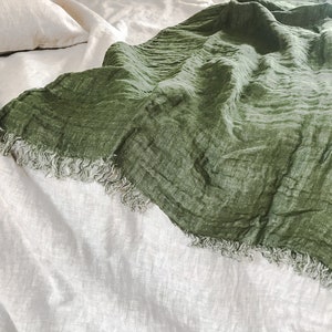 Softened linen double sided throw blanket in moss green with fringes/double sided linen bed runner in forest green