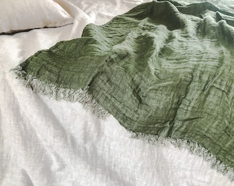 Softened linen double sided throw blanket in moss green with fringes/double sided linen bed runner in forest green