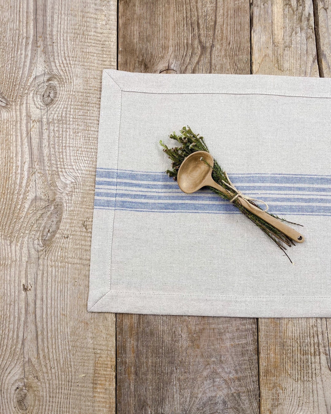 Set of 2,4,6,8,10 Rustic Linen Placemats With Blue Stripe/heavyweight