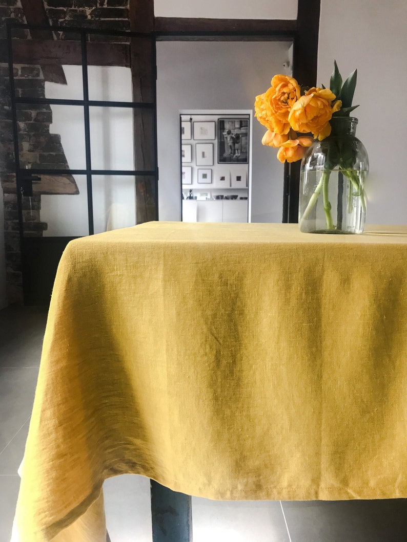 Stonewashed linen tablecloth in dusty yellow /softened linen tablecloth/Dinner Tablecloth in mustard yellow/free express shipping image 1