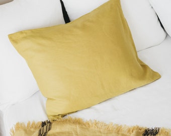 Linen pillow case in yellow with envelope closure/washed linen pillow cases in mustard yellow/custom size pillow shams