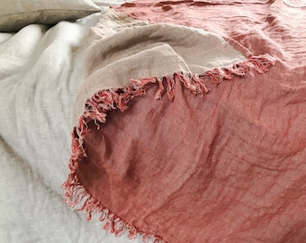 Softened linen bed throw in dusty red with fringes/double sided linen bed blanket/Natural linen bed scarf/free express shipping