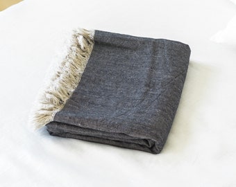 Rustic linen bed throw in dark ink blue/grain sack blanket/heavyweight linen bed blanket/linen bed scarf