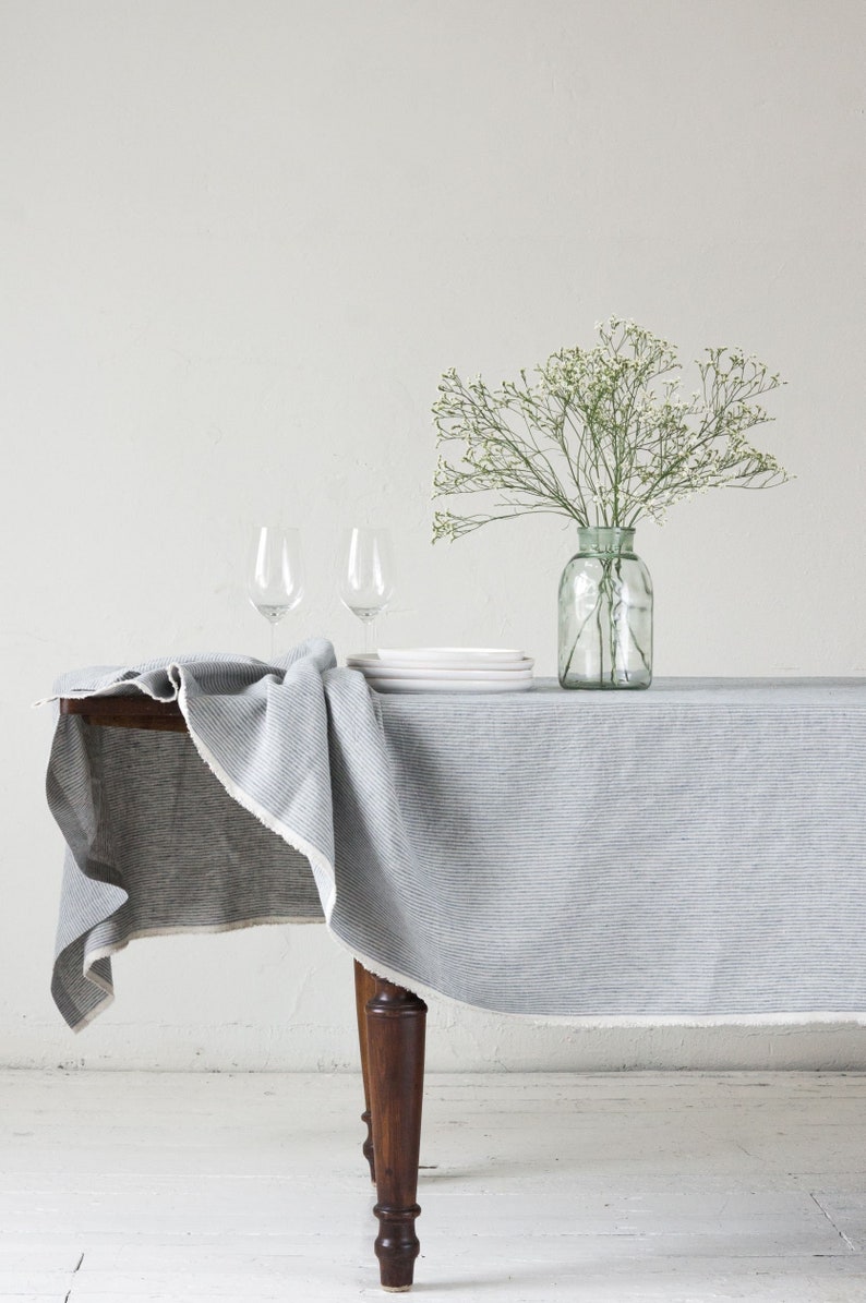 Striped washed Linen Tablecloth in blue/natural stripes/striped softened linen tablecloth with simple seam/Dinner Tablecloth/Free shipping image 3