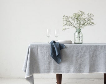 Striped washed Linen Tablecloth in blue/natural stripes/striped softened linen tablecloth with simple seam/Dinner Tablecloth/Free shipping