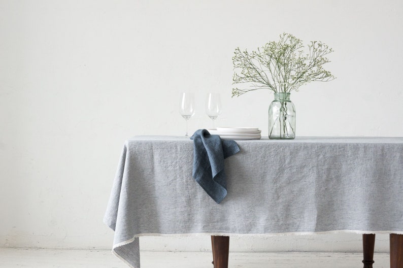 Striped washed Linen Tablecloth in blue/natural stripes/striped softened linen tablecloth with simple seam/Dinner Tablecloth/Free shipping image 1