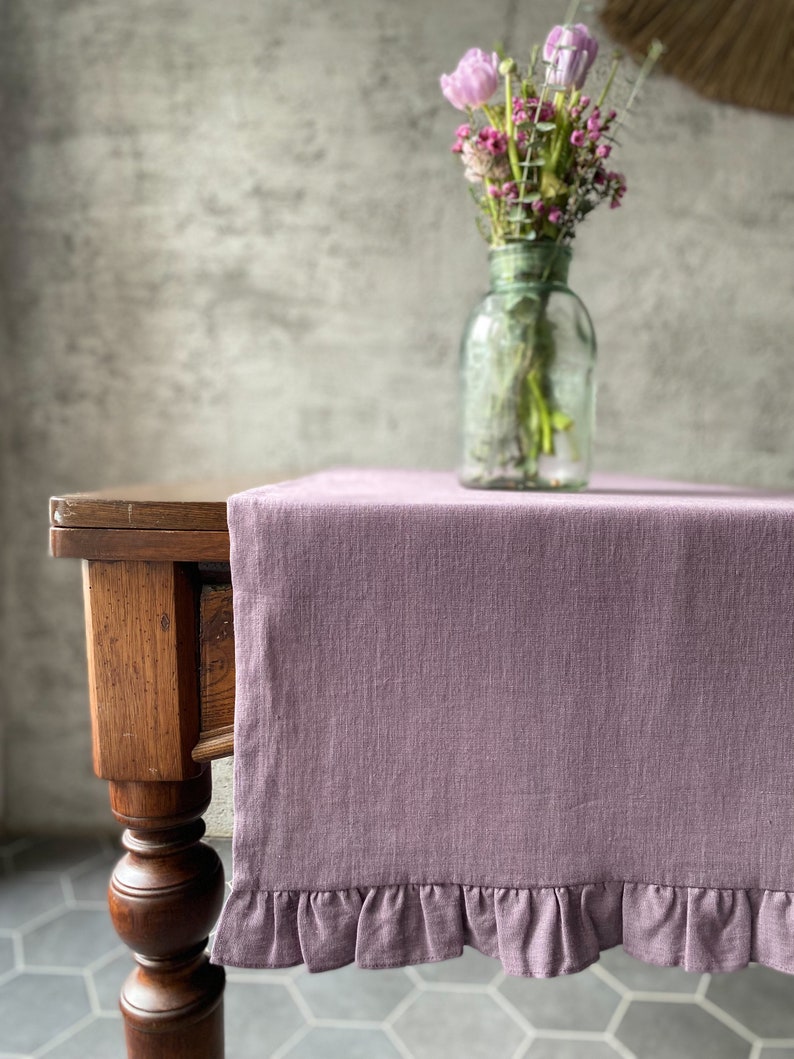 Soft washed linen table runner with ruffles in different colors/custom size linen table runner/linen table decor/free shipping image 3