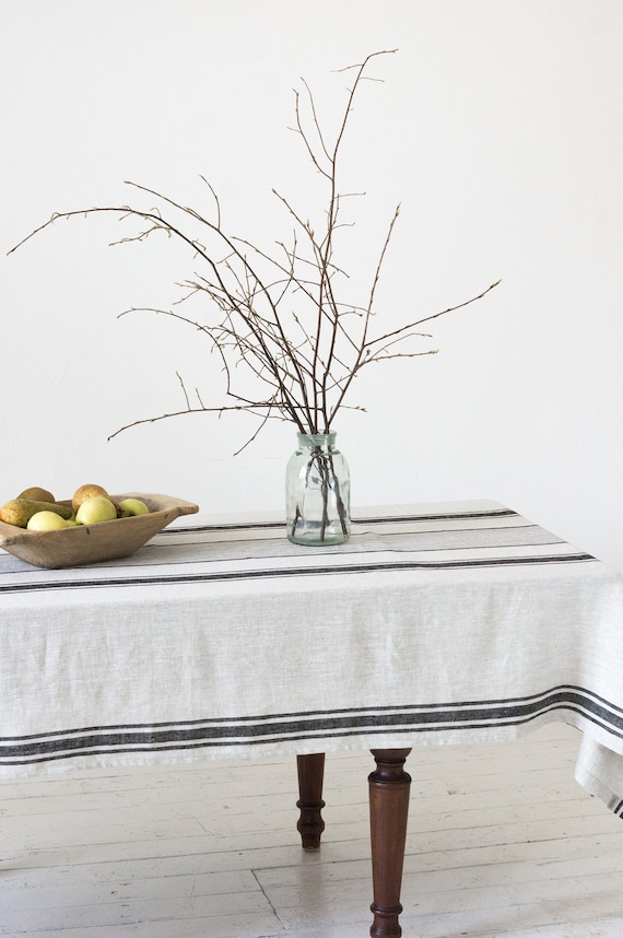 Rustic natural softened linen tablecloth in black stripes/grain sack heavyweight linen/linen farm style table cloth/EXPRESS SHIPPING