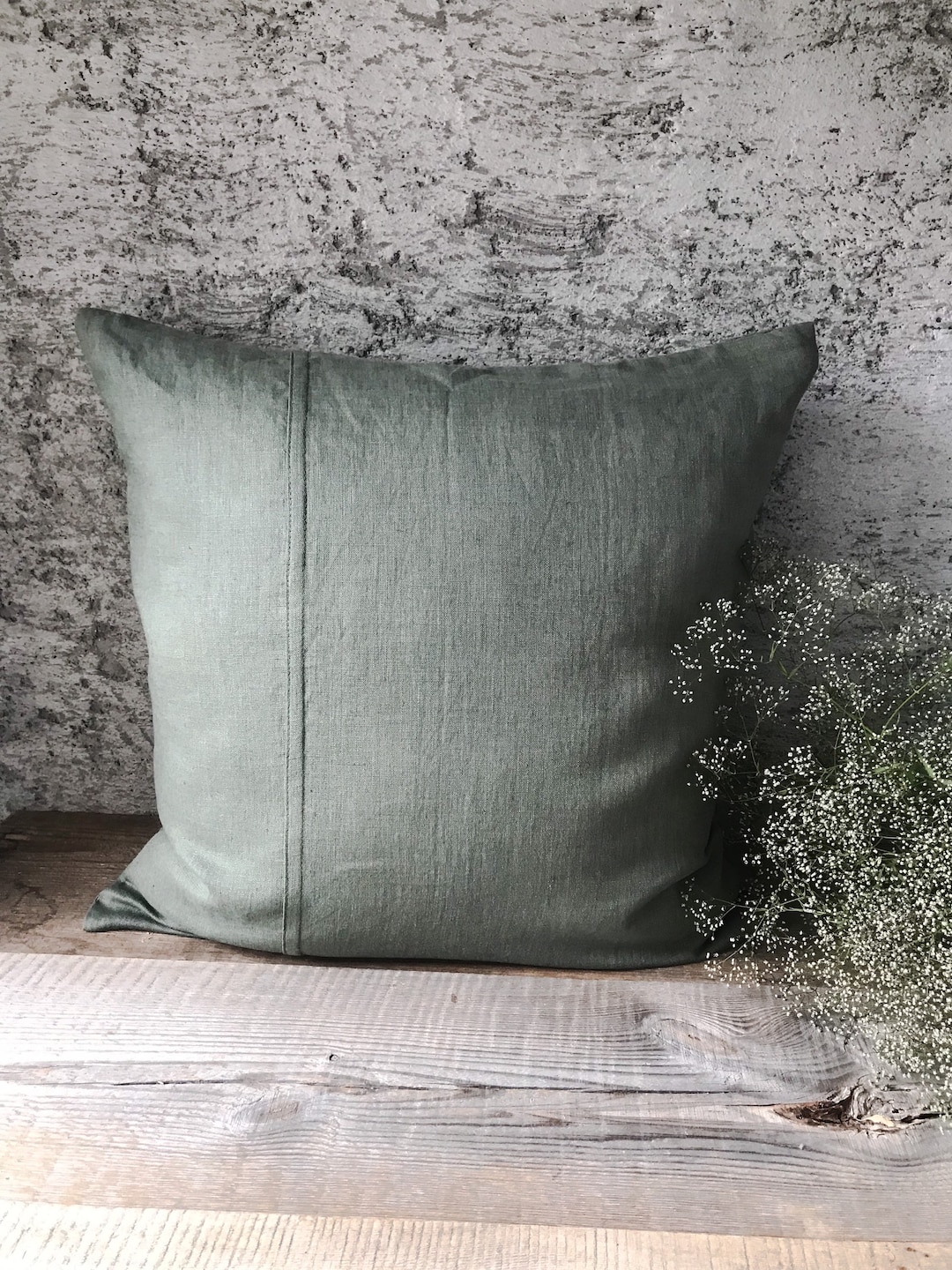 Stonewashed Linen Pillow Cases in Forest Green With Decorative Seam